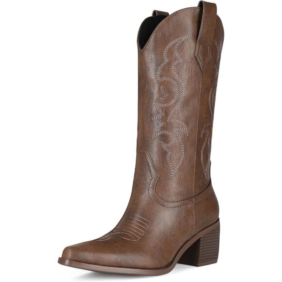 Women's Brown Embroidery Pointed Toe Chunky Heel Retro Western Cowgirl Booties - Picture 7 of 7